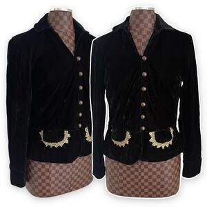 Black Velvet Ladies Jacket Coat Sz 6 Gold Trim Victorian Edwardian Goth Fairy